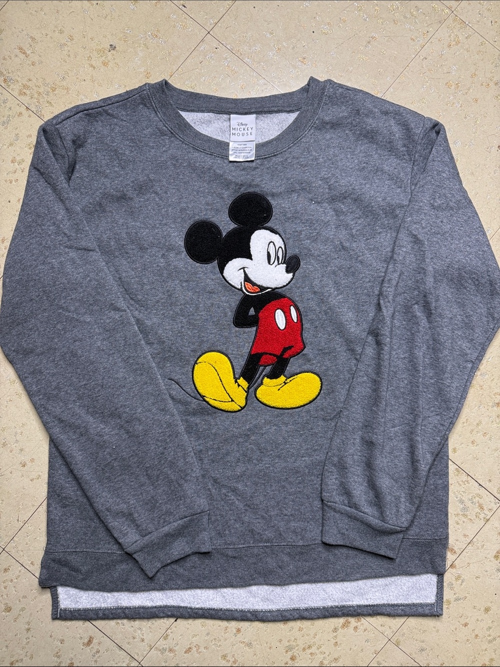 Disney Mickey Mouse Gray Crewneck Sweatshirt with Red & Yellow Graphic
